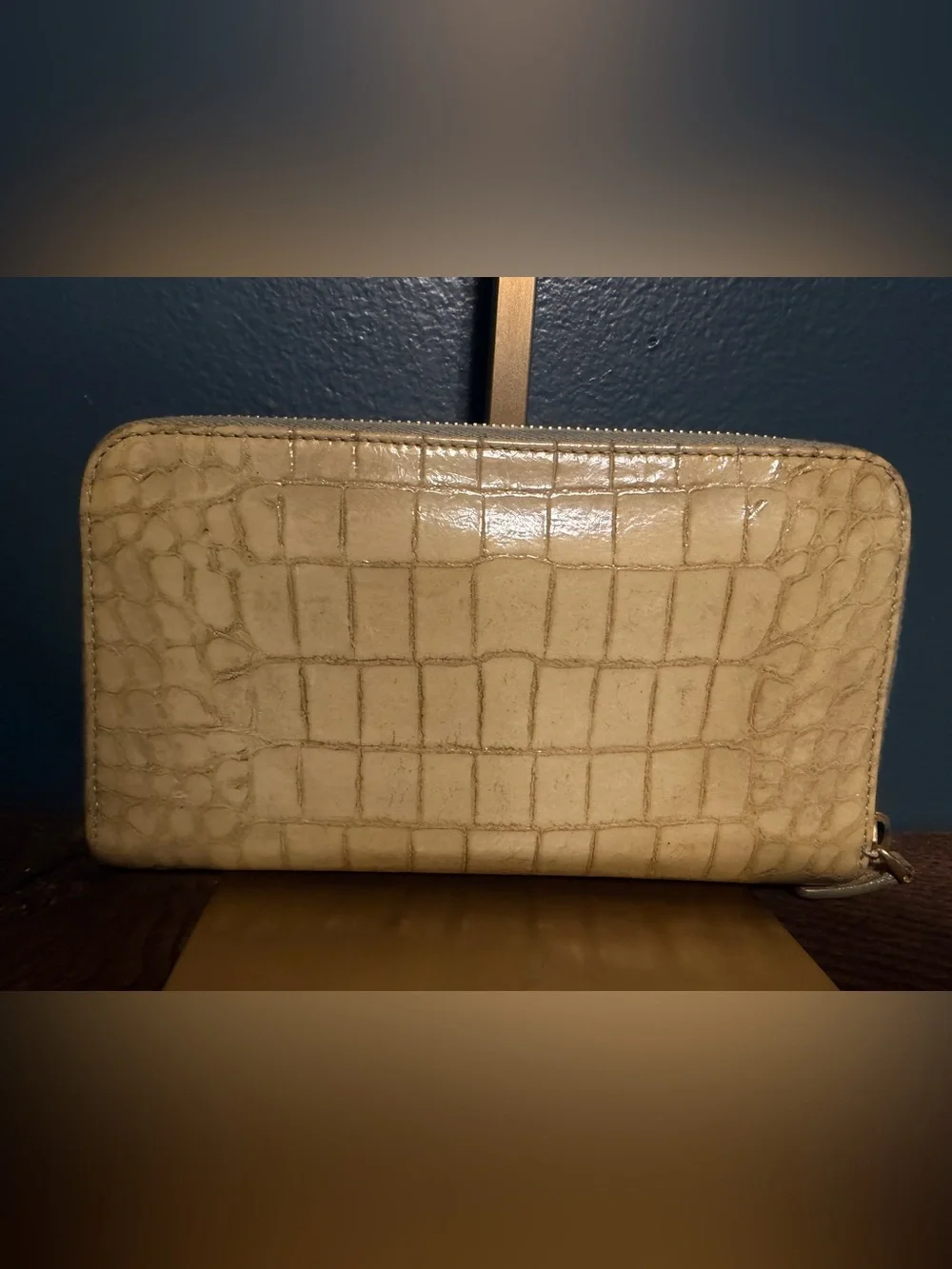 Miu Miu Light Green Croc-Effect Zip Pouch with Gold Logo